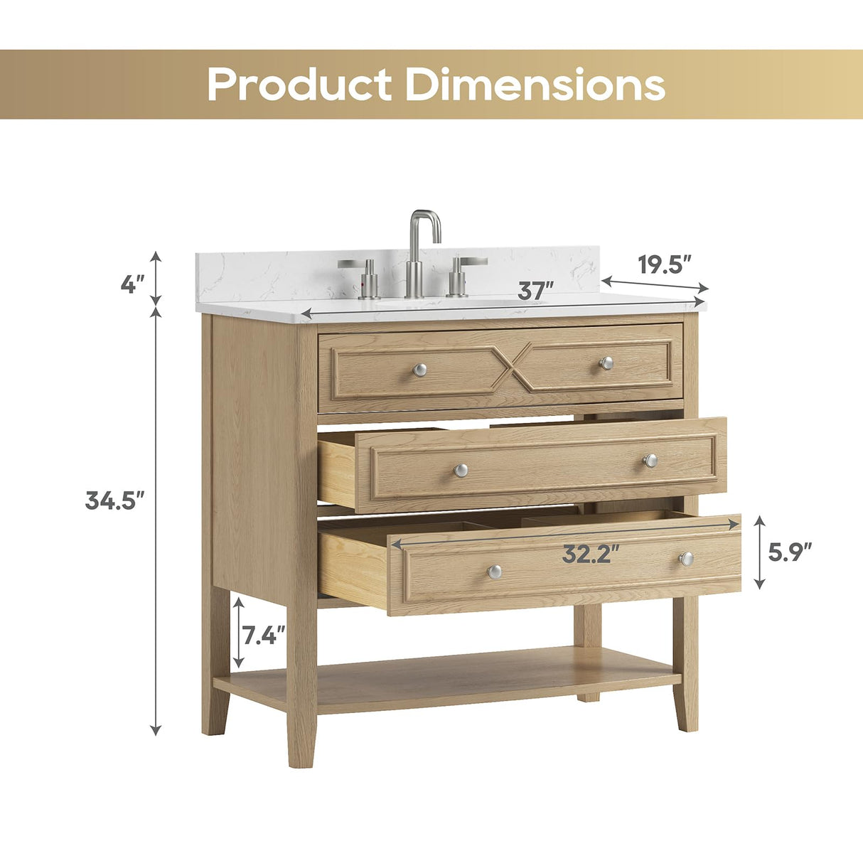 DELUXE LIVING 36 Inch Bathroom Vanity with Ceramic Sink,Fully Assembled Sink Cabinet with Countertop, Wood Frame Vanity with Soft-Closing Drawers & Adjustable Feet, Oak Wood DELUXE LIVING
