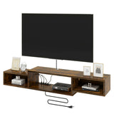 IBUYKE 59" Floating TV Stand Wall Mounted with Power Outlet,Wood Wall Mounted Media Console Shelf,Floating Entertainment Center for Under TV Storage for Living Room Bedroom Office,Rustic Brown WST007H IBUYKE