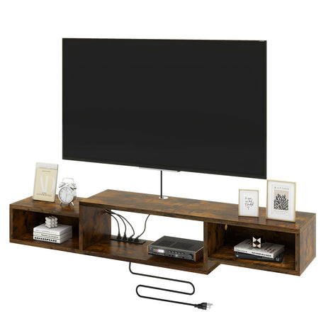 IBUYKE 59" Floating TV Stand Wall Mounted with Power Outlet,Wood Wall Mounted Media Console Shelf,Floating Entertainment Center for Under TV Storage for Living Room Bedroom Office,Rustic Brown WST007H IBUYKE