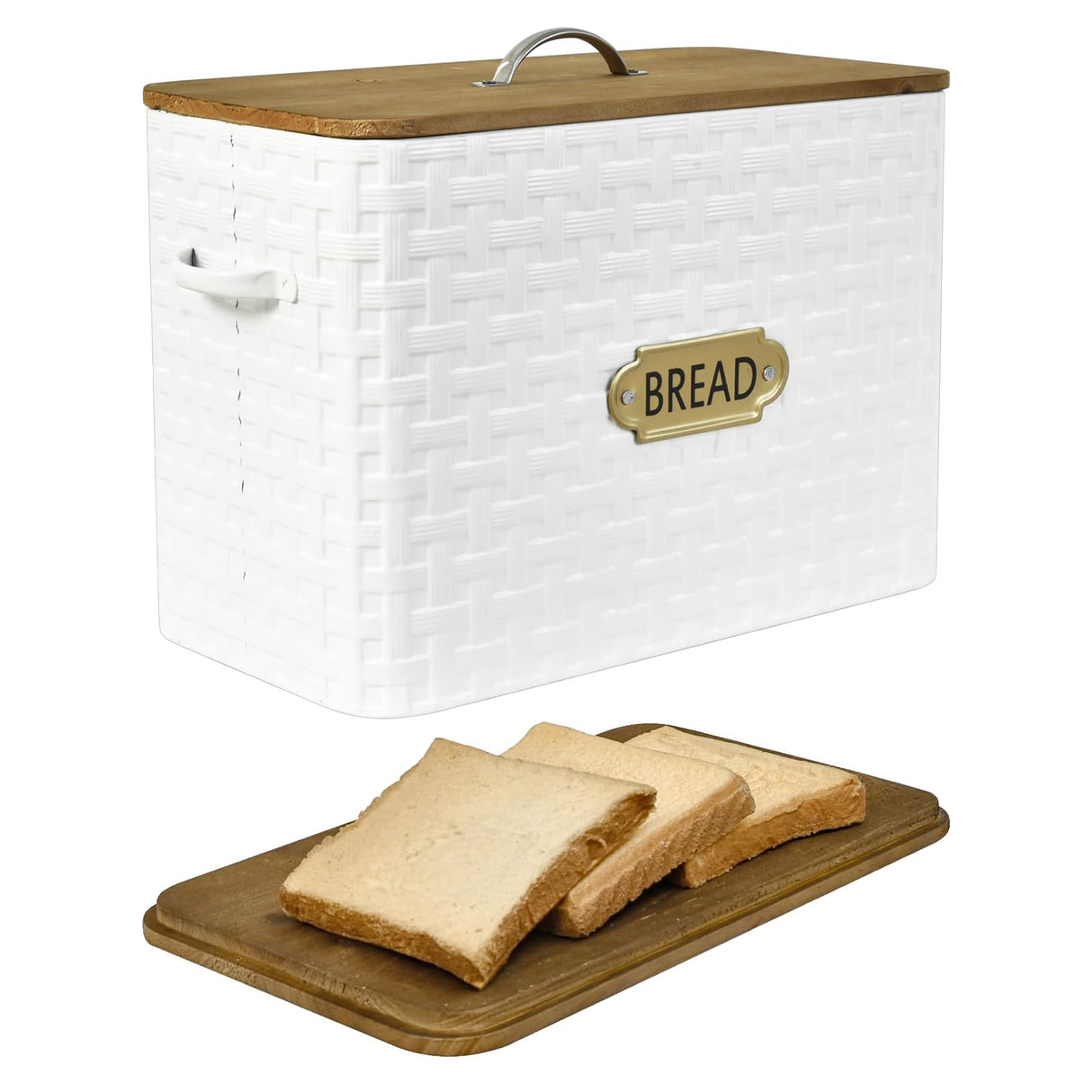 EMAX HOME Extra Large Space Saving Farmhouse Bread Box With Wood Lid - Vertical Breadbox Bread Storage Bin Holder for Kitchen Countertop, White EMAX HOME