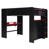 VilroCaz Modern Full Size Gaming Loft Bed with Height-Adjustable Desk and Wardrobe, Wood Loft Bed Frame with Light Strip and Multi-Storage Shelves, Maximize Space Saving (Red-s) VilroCaz