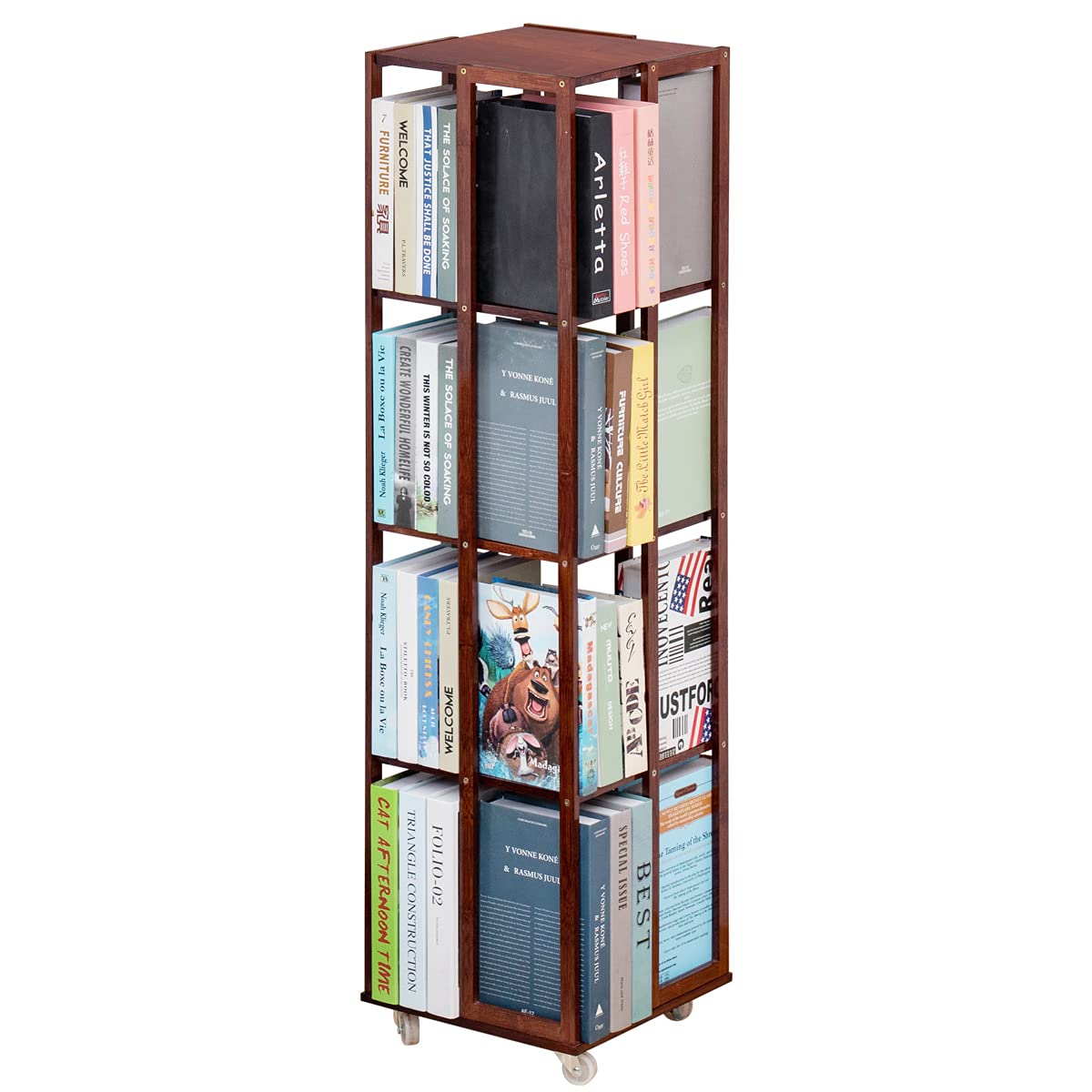 COPREE 5-Tier Walnut Bamboo Rolling Bookshelf with 360° Rotation and Wheels COPREE