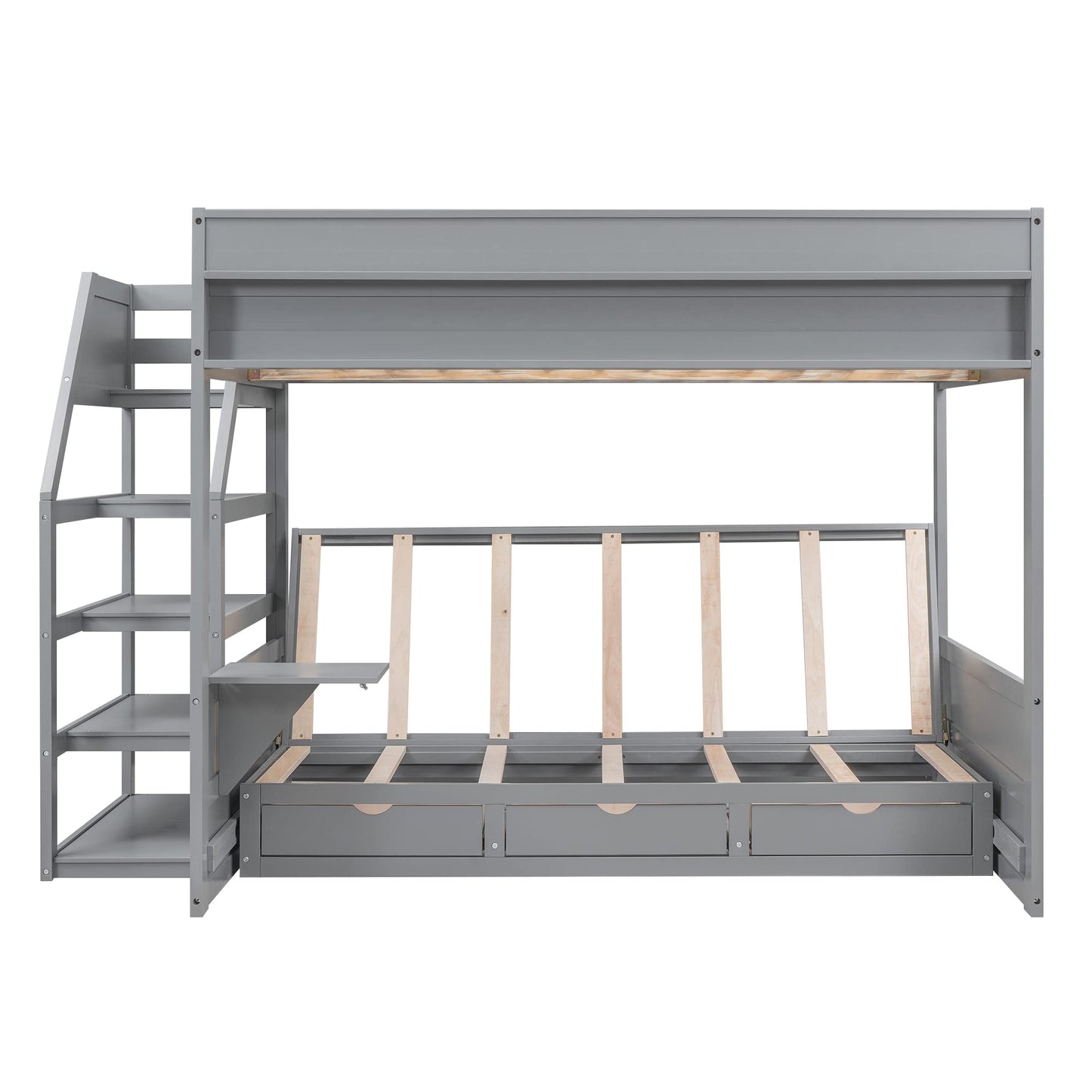 Convertible Full over Full Futon Bunk Bed with Stairs, Built-in Shelf, and Drawers in Grey - Harper & Bright Designs - WoodArtSupply