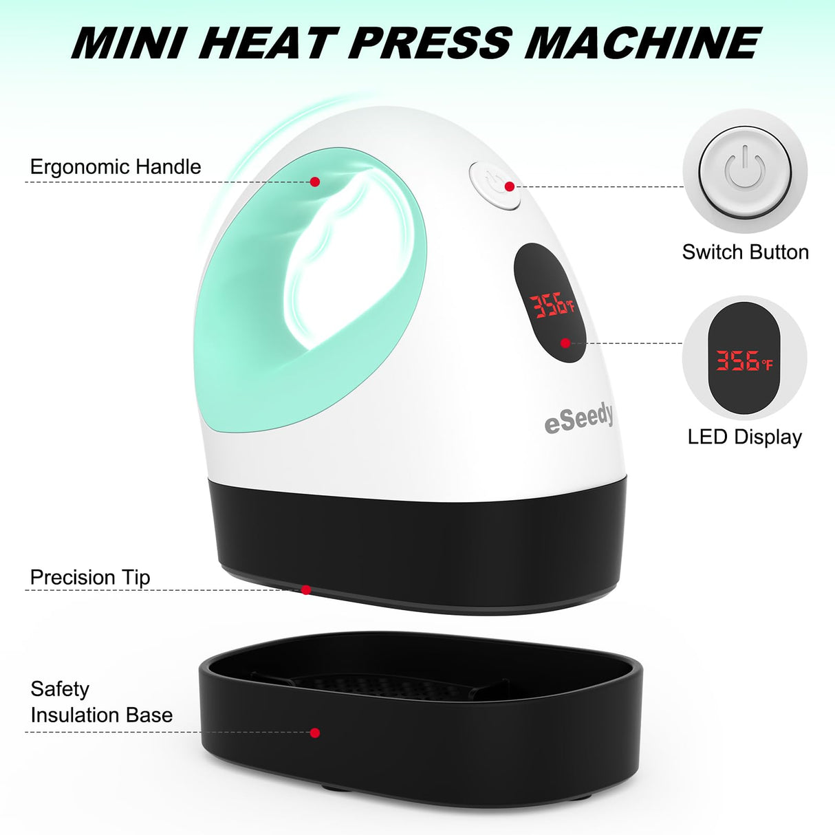 eSeedy Mini Heat Press Machine, 3 Heat Settings& Fast Heating, 15 Mins Auto-Off, Insulated Safety Base, Mini Iron for Crafting, T Shirts, Hats, Heating Transfer Projects(White Green) eSeedy