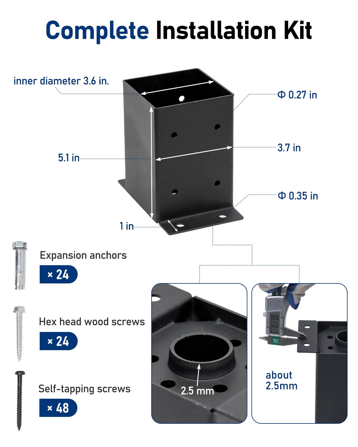 vikofan Heavy Duty 4x4 Post Base Kit - Black Powder-Coated Metal Post Brackets for 3.5"x3.5" Posts, Fit for Wood & Concrete Installations - Perfect for Deck, Fence, Mailbox, Pergola Supports  - WoodArtSupply