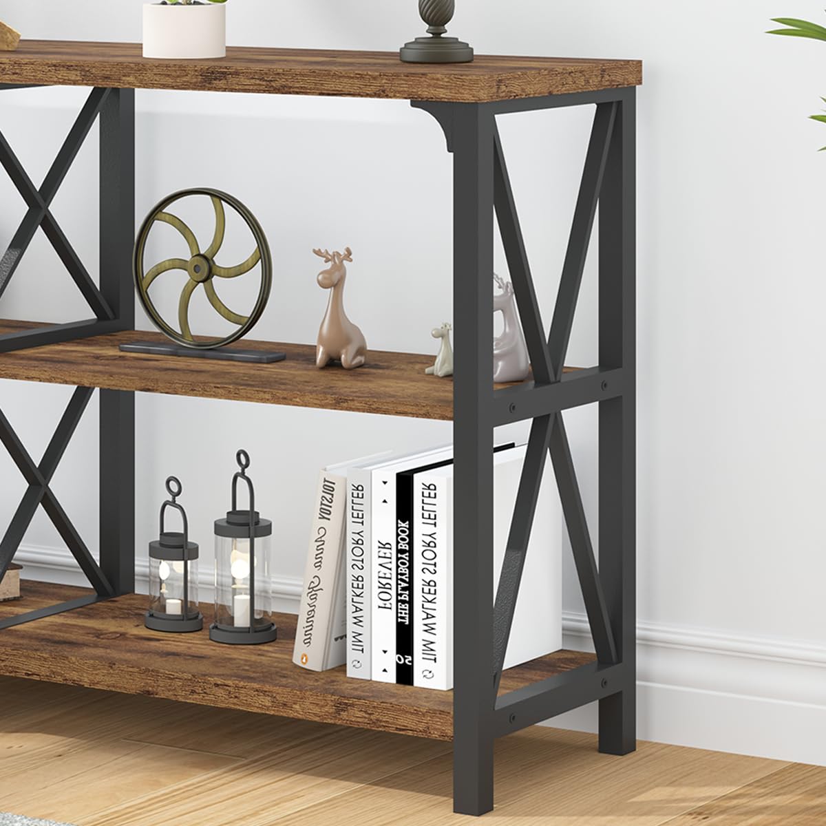 LVB Rustic Console Table, Industrial Wood Metal Sofa Table Behind Couch, Farmhouse Long Entryway Table with Storage Shelf, Large Wooden Foyer Hallway LVB