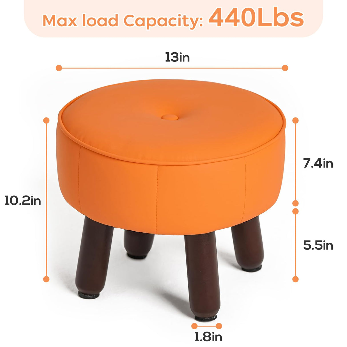 oakvivo 13in Small Foot Stool Ottoman, Round Faux Leather Foot Rest for Couch, Under Desk Pouf Footstool Footrest with Non-Skid Rubber Legs for Ling Room, Bedroom, 13''L x 13''W x 10.2''H, Orange oakvivo