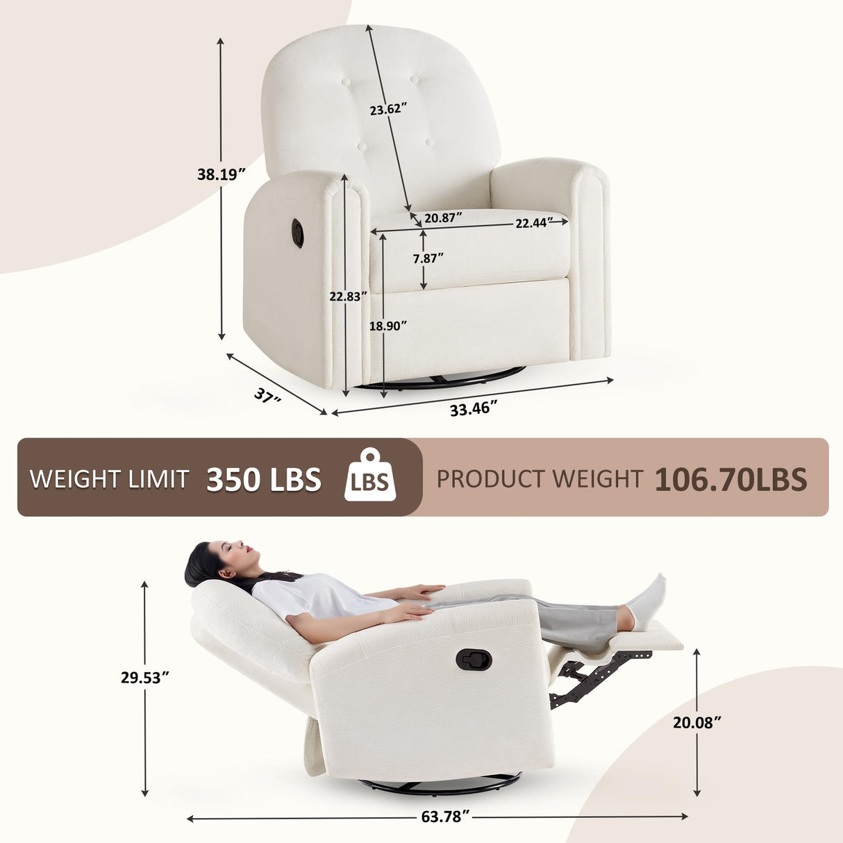 VANOMi 360 Swivel Rocker Recliner Chair, Nursery Rocking Chair with Tufted Backrest, Manual Recliner Chairs for Small Spaces, Upholstered Glider Nursing Chair for Living Room, Bedroom (White) VANOMi