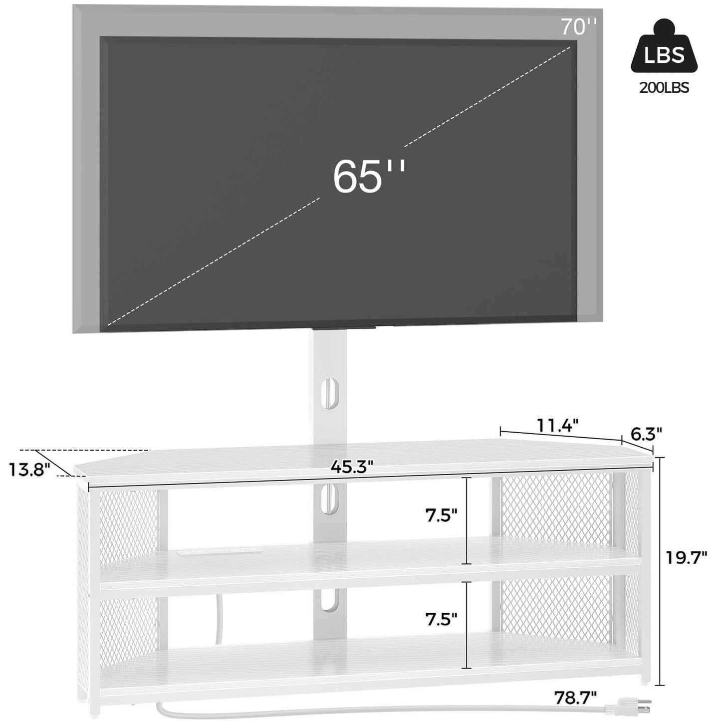 Rolanstar TV Stand with Mount and Power Outlet, Swivel TV Stand Mount with LED Lights for 32/45/55/60/65/70 inch TVs, White Entertainment Center Media Console with Height Adjustable Mount