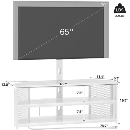 Rolanstar TV Stand with Mount and Power Outlet, Swivel TV Stand Mount with LED Lights for 32/45/55/60/65/70 inch TVs, White Entertainment Center Media Console with Height Adjustable Mount