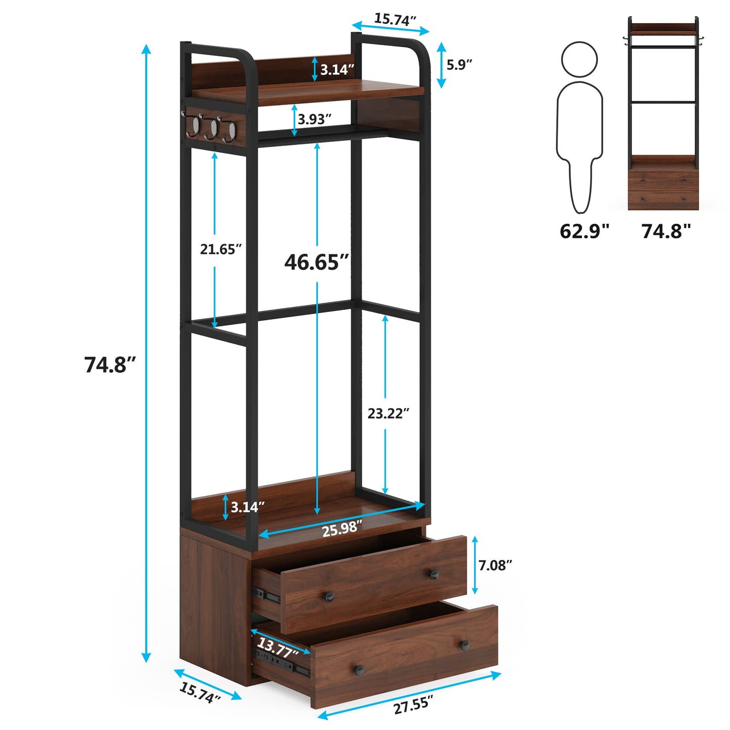 Tribesigns Freestanding Closet Organizer Small Clothes Rack with Drawers and Shelves, Heavy Duty Coat Rack Small Garment Rack Industrial Hall Tree for Entryway, Bedroom - WoodArtSupply