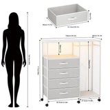 Seeday Fabric Dresser with Clothes Rack, 4 Drawers Dresser for Bedroom with Charging Station and LED Lights, Chest of Drawers with Wheels, Steel Frame, Wood Top, for Bedroom, Closet, White Seeday