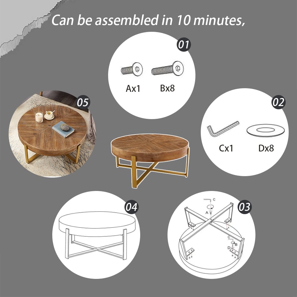 Gexpusm Round Wood Coffee Tables with Metal Leg, Farmhouse Circle Coffee Table for Living Room, Rustic Mid-Century Wooden Coffee Tables for Apartment, Easy Assembly(32" Dx32 Wx18 H) Gexpusm