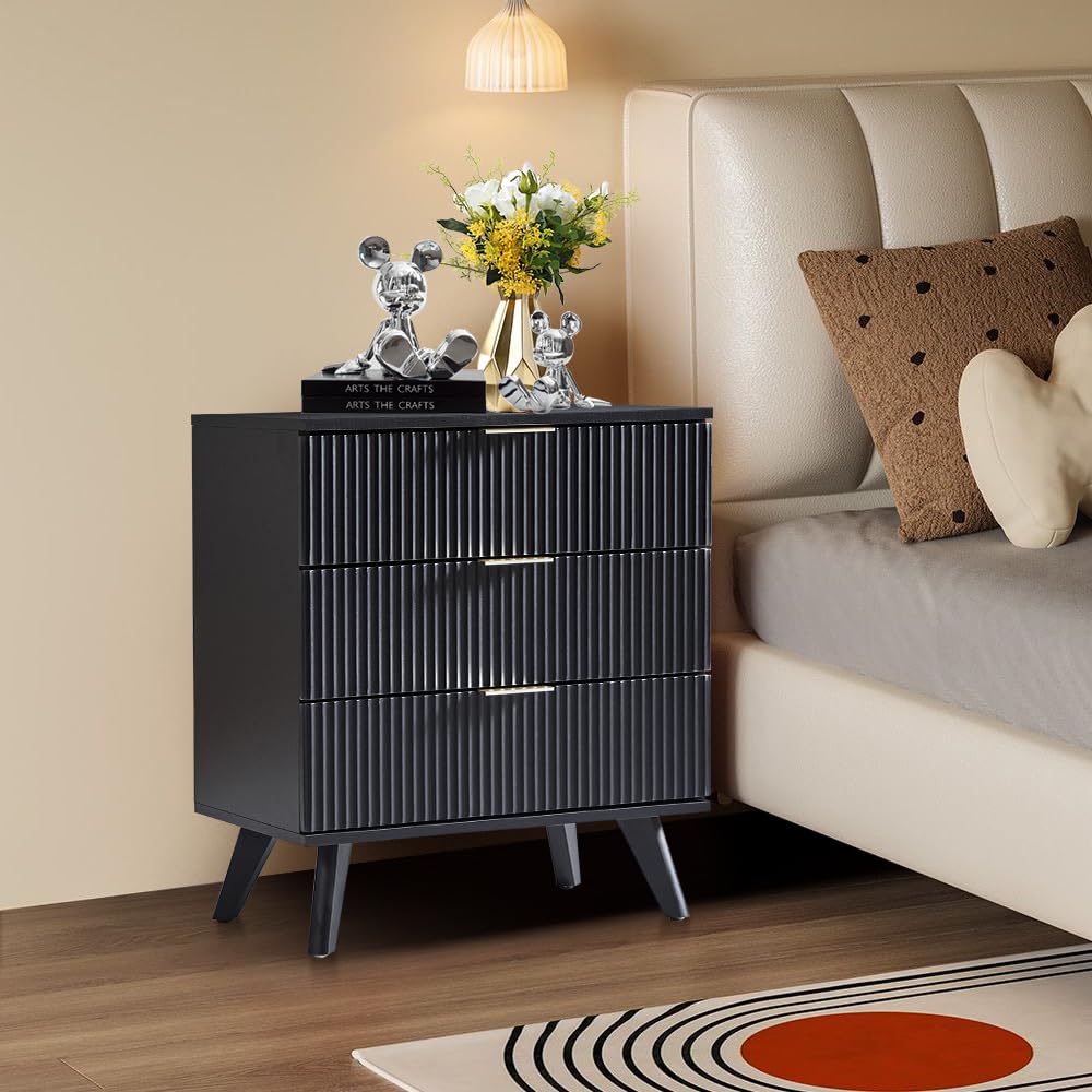 affeivul Mid Century Modern Dresser, 3 Drawer Dresser for Bedroom Wood, Small Nightstand with Drawers and Solid Wood Legs, Tall Side Table with Drawers for Living Room, Closet, Nursery (Black) affeivul