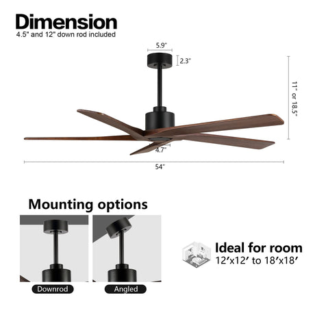 WINGBO 54 Inch DC Ceiling Fan without Lights, 5 Reversible Carved Solid Wood Blades, 6-Speed Noiseless DC Motor, Ceiling Fan No Light with Remote, Matte Black Finish with Walnut Blades, ETL Listed WINGBO