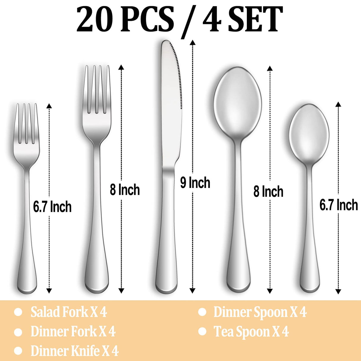20 Piece Silverware Set Service for 4,Premium Stainless Steel Flatware Set,Mirror Polished Cutlery Utensil Set,Durable Home Kitchen Eating Tableware Set,Include Fork Knife Spoon Set,Dishwasher Safe MUTNITT