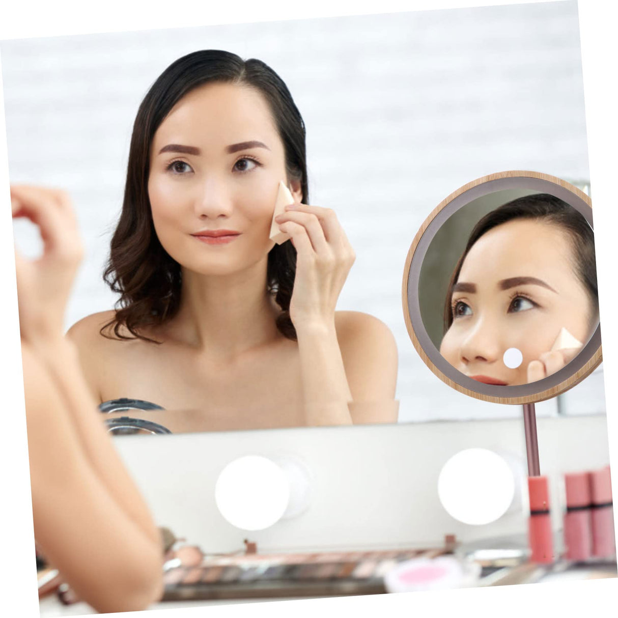 Beatifufu 1pc Wooden Desk Mirror Wooden Makeup Mirror Tabletop Makeup Mirror Travel Vanity Mirror Round Dining Table Vanity Mirror with Lights Mirror for Dresser Led Makeup Mirror Beatifufu