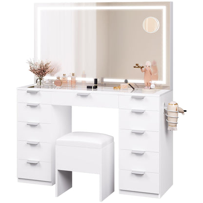 YITAHOME Vanity Desk Set with Large LED Lighted Mirror & Power Outlet, Glass Top Vanity with 11 Drawers and Magnifying Glass, 46'' Makeup Vanity with