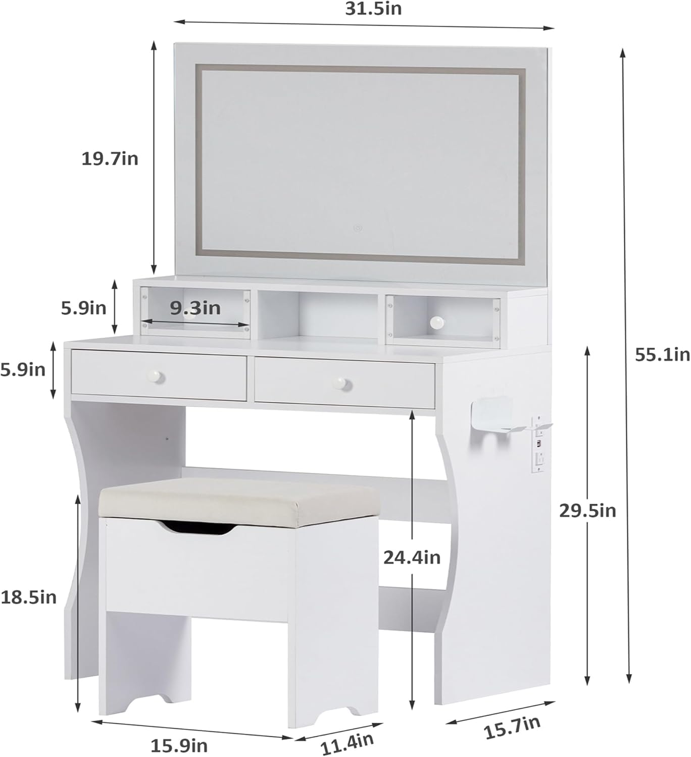 VECELO Vanity Desk with LED Lighted Mirror and Power Outlet, Makeup Table with 4 Drawers and Storage Stool, Adjustable 3 Lighting Modes for Bedroom, Dressing Room, Off White