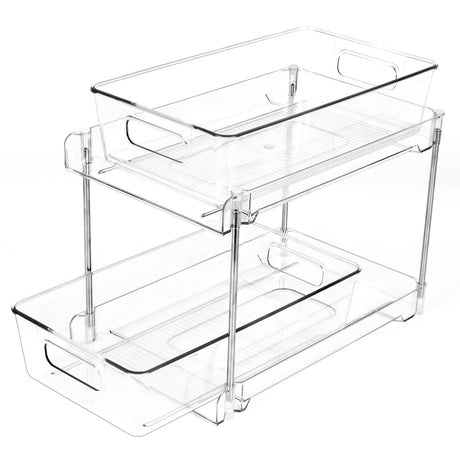 1 Pack 2-Tier Bathroom Organizers and Storage, Clear Under Sink Organizer Vanity Countertop Storage Pantry Organizers, Pull-Out Cabinet Organizer With Track For Bathroom, Kitchen, Pantry COKIHOM