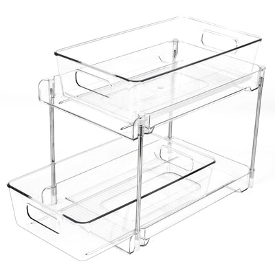 1 Pack 2-Tier Bathroom Organizers and Storage, Clear Under Sink Organizer Vanity Countertop Storage Pantry Organizers, Pull-Out Cabinet Organizer With Track For Bathroom, Kitchen, Pantry