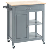 HOMCOM Kitchen Island Cart, Rolling Kitchen Island with Storage Shelf, Solid Wood Top, Drawer, for Dining Room, Gray HOMCOM