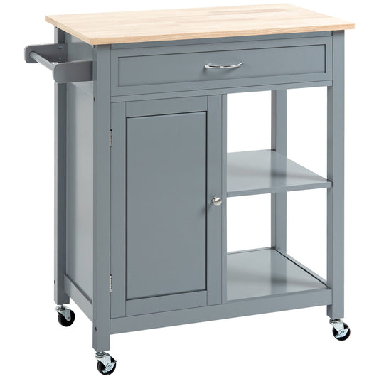 HOMCOM Kitchen Island Cart, Rolling Kitchen Island with Storage Shelf, Solid Wood Top, Drawer, for Dining Room, Gray