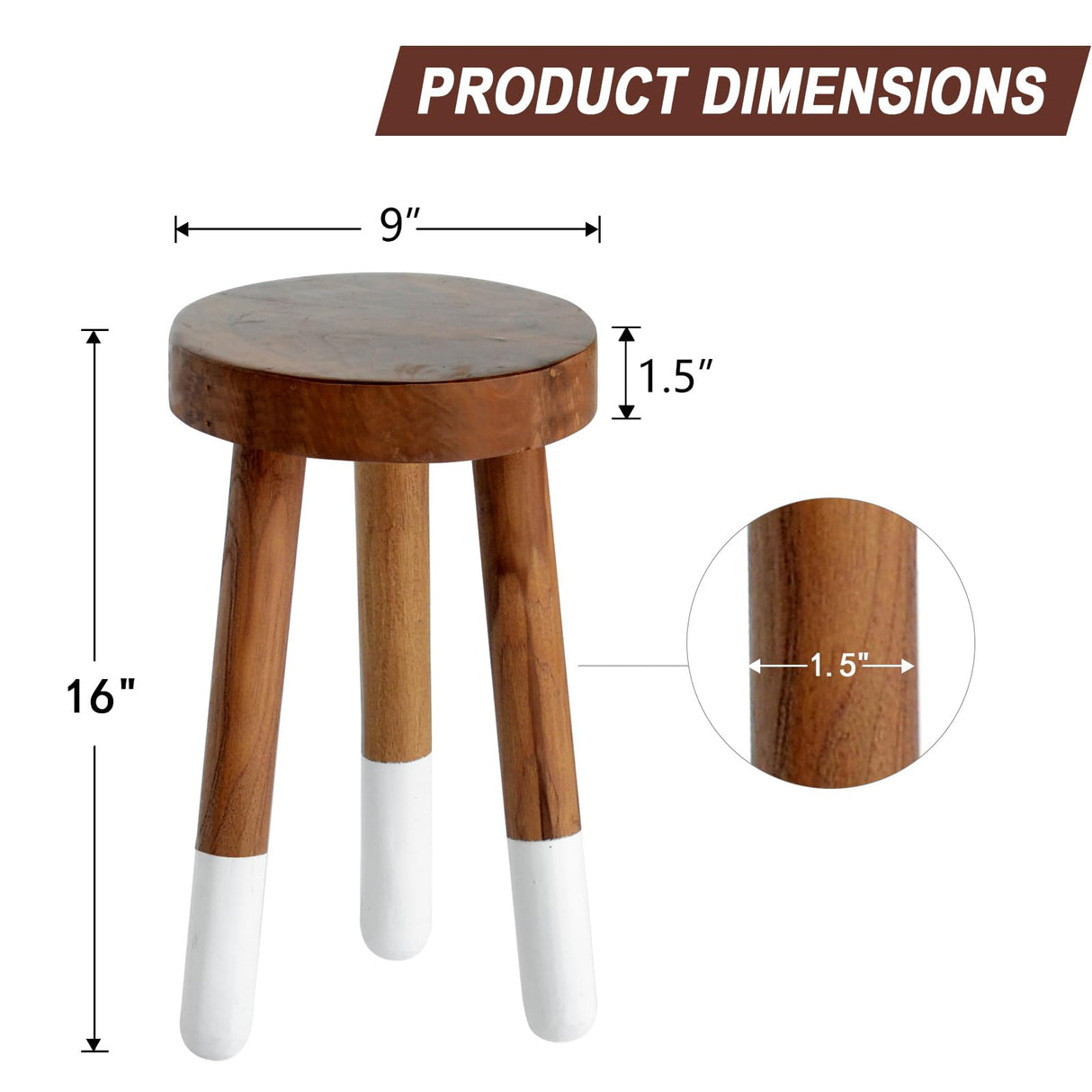 JOLLYMER Teak 9” Round Plant Stand |Wood Counter Stool |Dip Dyed Wood Plant Stand, Riser |Wood Accent Stool ||Accent Table |Side Table | (16" Tall(1 Pack)) JOLLYMER