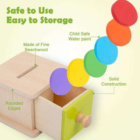 Adena Montessori Coin Box,Object Permanence Box Toys for 1 Year Old Baby Coins,Wooden Montessori Ball Drop Toys Developmental Toys for 6-12 Month Infant Toys,Learning Kids Gifts(Yellow-Green Door) Adena Montessori
