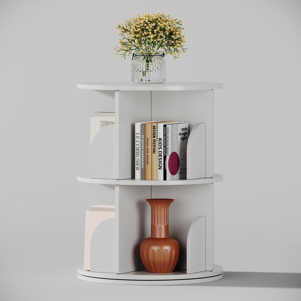 FOLINALA Rotating Bookshelf, Small Corner Bookcase with Storage for Small Space, 2 Tier 360 Spinning Bookshelf Tower, Revolving Book Shelf Organizer for Bedroom, Living Room and Study Room (White) FOLINALA