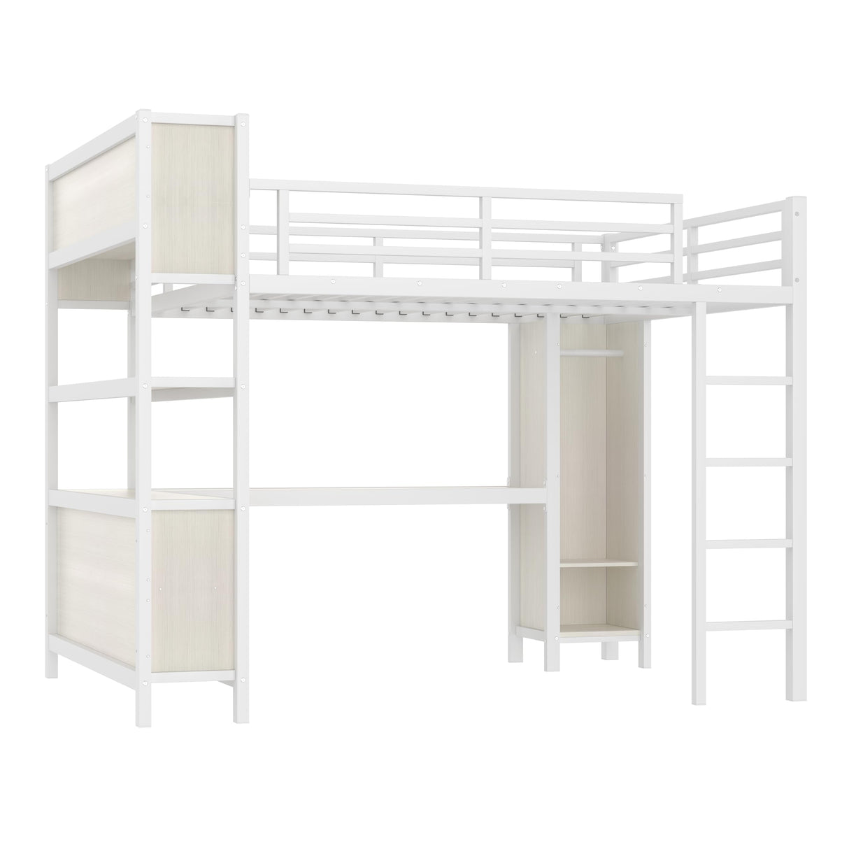 Bellemave Queen Loft Bed with Desk & Wardrobe, Heavy Duty Metal Loft Beds with Storage Shelves, Space Saving Loft Bed Queen Size with Safety Guard, White Wood Grain Bellemave
