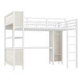 Bellemave Queen Loft Bed with Desk & Wardrobe, Heavy Duty Metal Loft Beds with Storage Shelves, Space Saving Loft Bed Queen Size with Safety Guard, White Wood Grain Bellemave