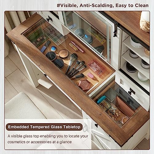 T4TREAM Farmhouse Makeup Vanity Desk with Sliding Mirror and Lights, 42'' Glass Tabletop Vanity Table with 2 Drawers & Shelves, Rustic Big Vanity Set T4TREAM