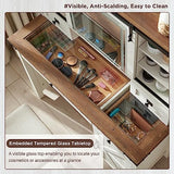 T4TREAM Farmhouse Makeup Vanity Desk with Sliding Mirror and Lights, 42'' Glass Tabletop Vanity Table with 2 Drawers & Shelves, Rustic Big Vanity Set T4TREAM