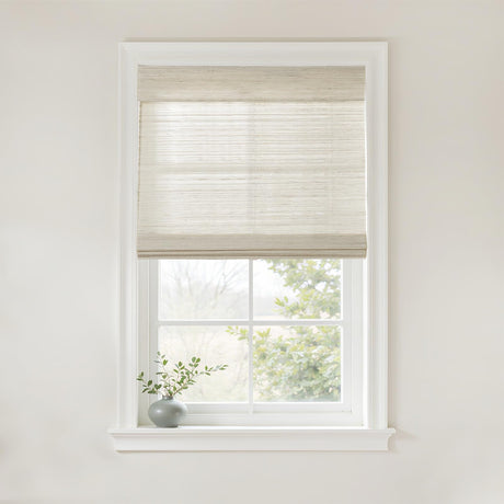 TWOPAGES Woven Bamboo Cordless Roman Shades, Custom No Drill or Motorized Blinds with Remote for Indoor Windows, Wall White TWOPAGES