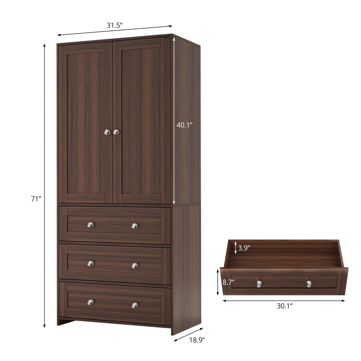 VOWNER Armoire Wardrobe Closet with Drawers and Mirror, 71" Clothing Storage Cabinet with Hanging Rod, 2 Doors Wooden Wardrobe Cabinet for Bedroom (Walnut, 18.9" D x 31.5" W x 71" H) VOWNER