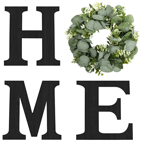 Wood Home Sign with Artificial Eucalyptus Wreath for O, Hanging Farmhouse Wall House Decor Wood Home Letters for Wall Art Rustic Home Decor, Home Wall Decor for Living Room Kitchen Entryway Pinkpum