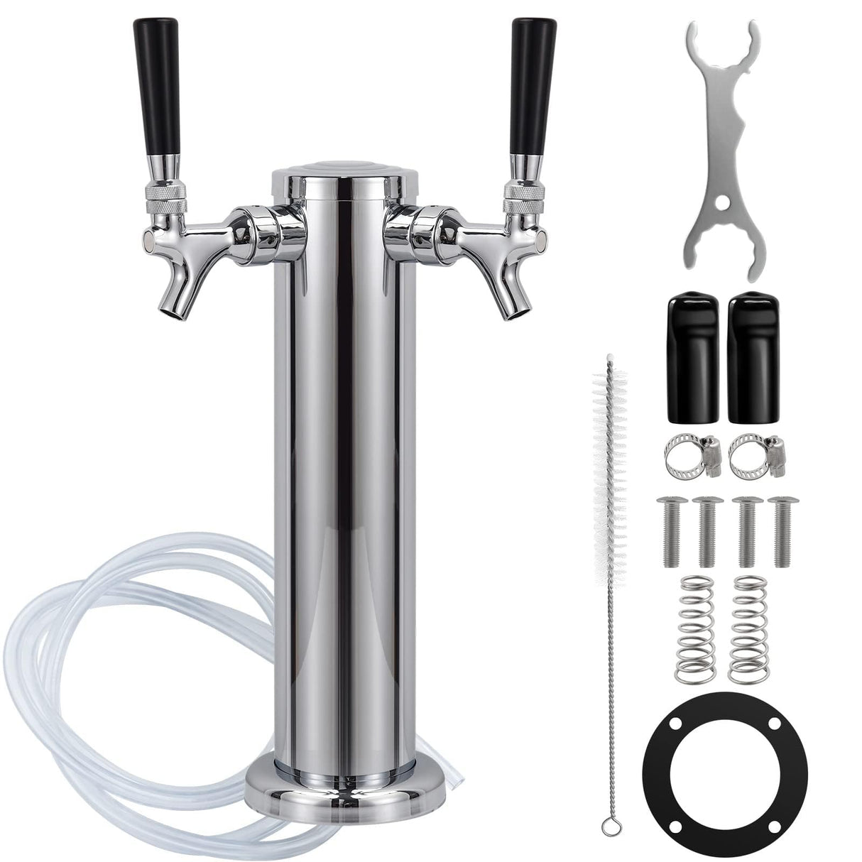FERRODAY Kegerator Tower Dual Faucet Beer Tower Double Tap Beer Tower Dispenser Beer Tap Kegerator Parts Stainless Steel Tower Brass Faucet Stainless Core Pre-assembled Lines 3" Keg Tower Beer Keg Tap Ferroday