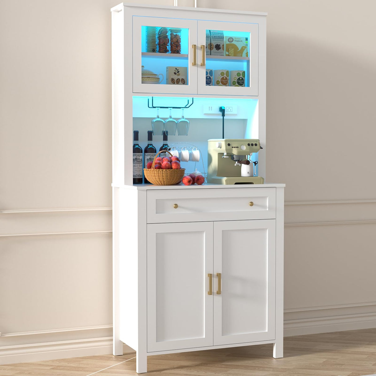 Yeyawomy 72" Tall Kitchen Pantry Cabinet with LED Light and Power Outlets, Farmhouse Large Storage Cabinet, Microwave Stand with Storage, Adjustable Cabinet Shelf, Kitchen Pantry White Modern Style Yeyawomy