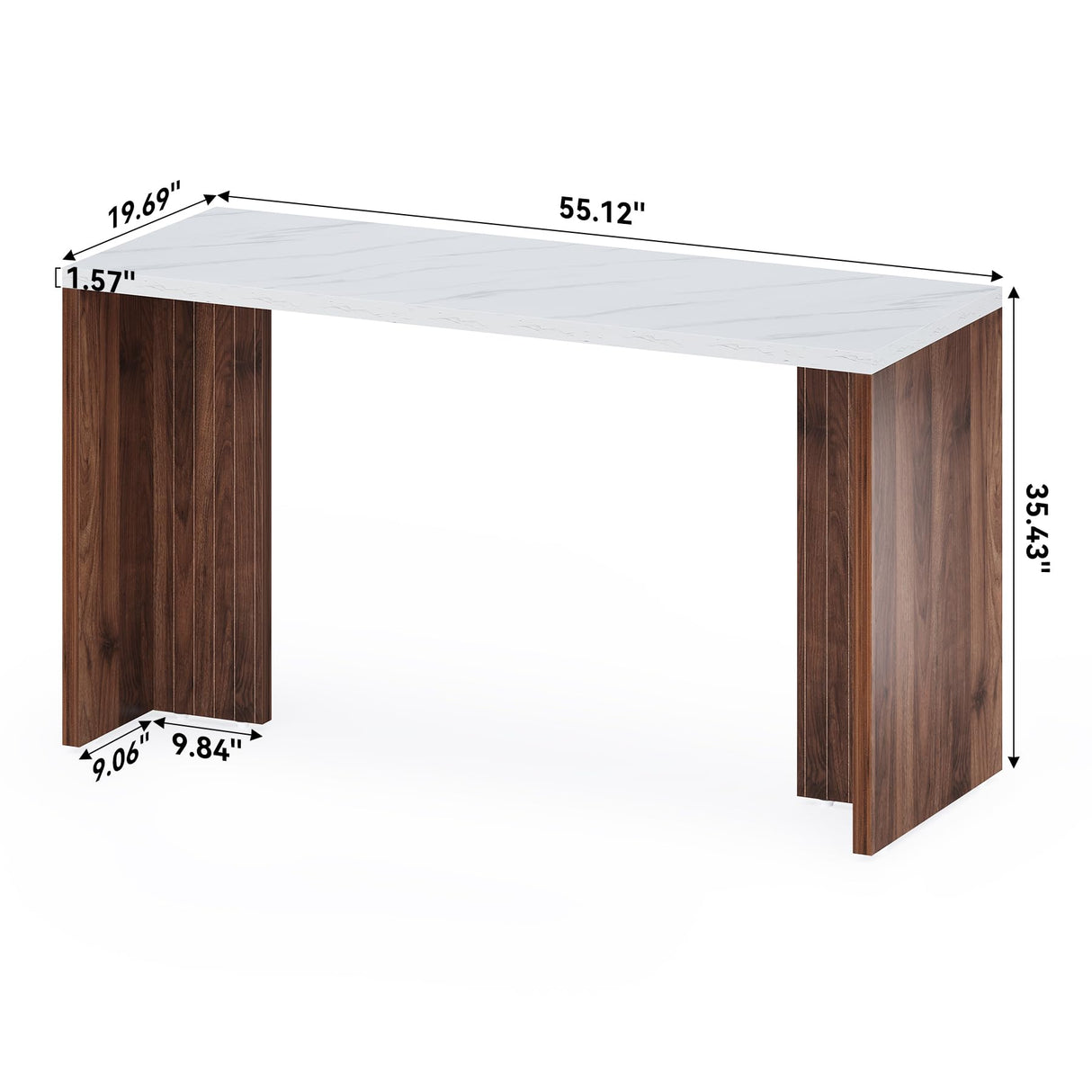 LITTLE TREE Home Bar Table, 55-Inch Long Counter Height Pub Table with a Faux Marble Finished Tabletop, Narrow Rectangular Indoor Bar Unit for Home, Kitchen, White & Walnut LITTLE TREE