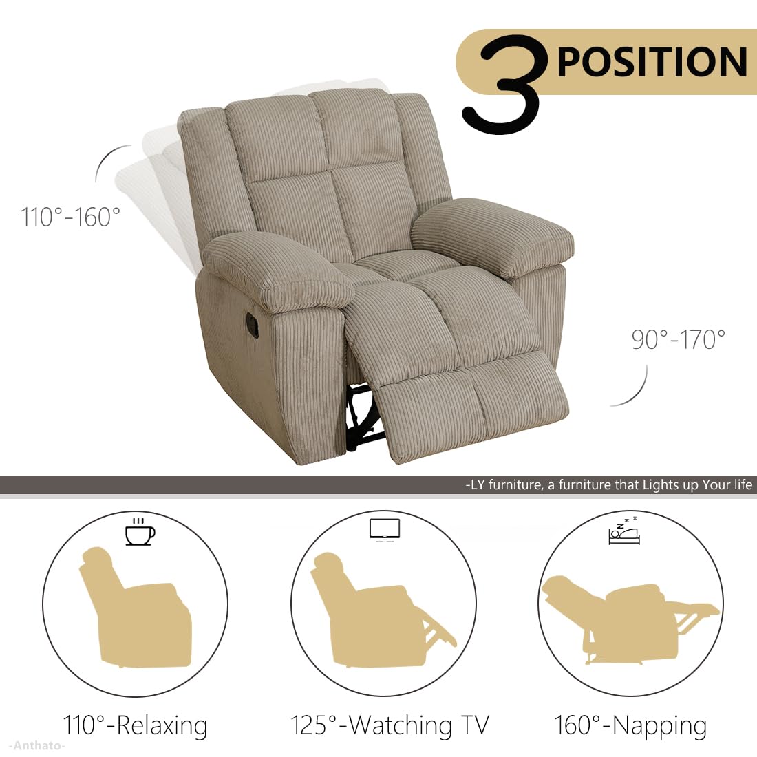 Anthato Corduroy Recliner Sofa Set, Manual Reclining Sofa Loveseat Chair Set with Cup Holders/Coffee Table, Comfy Fabric Recliner Couches, Living Room Furniture Sets for Home, Office (Beige, 3PCS Set) Anthato