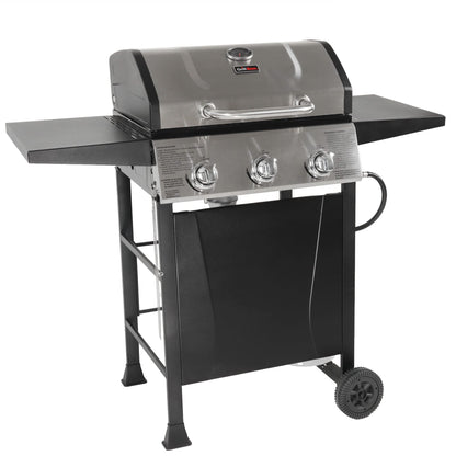 Grill Boss Propane 3 Burner Gas Grill, Portable BBQ w/Lid, Wheels & Side Shelves, Black