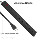 HHSOET Metal 8 Outlet Mountable Power Strip, Wall Mount Outlet Power Strip Heavy Duty, Wide Spaced Commercial Shop Power Strip with Switch, 15A 125V 1875W, 6 FT SJT 14AWG Power Cord.(Black) HHSOET