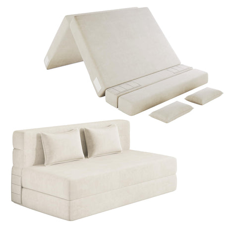 Luoxiao Folding Sofa Bed Convertible Sleeper Chair Full Size with Pillows, Foldable Futon Lazy Floor Sofa Bed, Portable Fold Out Chair Bed for Living Room/Dorm/Guest Room, Washable Cover, Off White Luoxiao