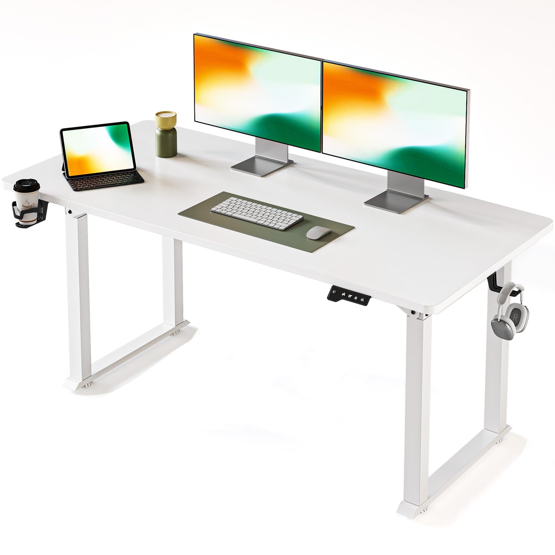 FEZIBO Standing Desk 4 Legs with Dual Motors, 63x29 Electric Standing Desk Adjustable Height with Strong Stability, Stand up Desk with Whole-Piece Tabletop, White（2 Packeges） - WoodArtSupply