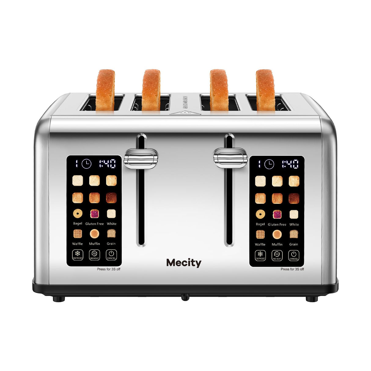 Mecity 4 Slice Toaster Touch Screen Control 4 Wide Slot, Stainless Steel Smart Bread Toaster for Bagel Muffin Waffle, Dual Control Pannel, Timer, Defrost, Reheat, 120V 1650W Mecity