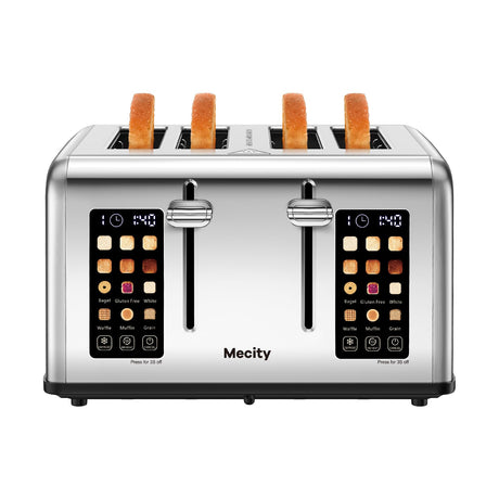 Mecity 4 Slice Toaster Touch Screen Control 4 Wide Slot, Stainless Steel Smart Bread Toaster for Bagel Muffin Waffle, Dual Control Pannel, Timer, Defrost, Reheat, 120V 1650W Mecity