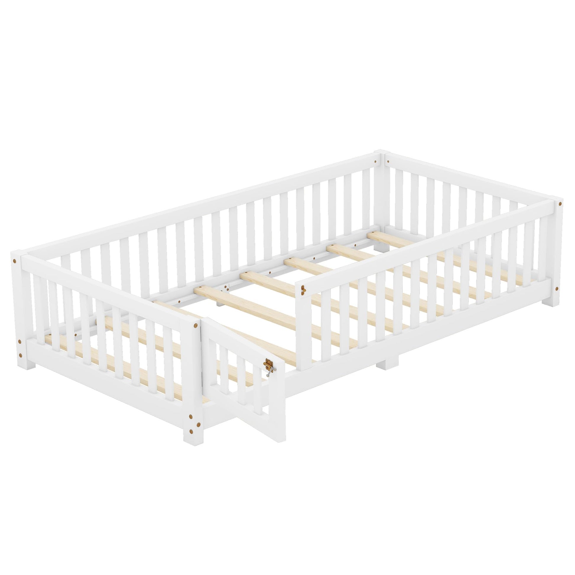 Bellemave Twin Size Montessori Floor Bed with Safety Rails and Playhouse Design in White - WoodArtSupply