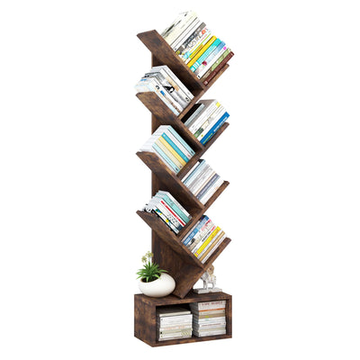 JoanKaren Tree Bookshelf with Storage, 8 Tier Wooden Tall Book Shelf, Floor Standing Bookcase for Kids and Adults, Utility Organizer Shelves for Living Room, Bedroom, Home Office, Brown
