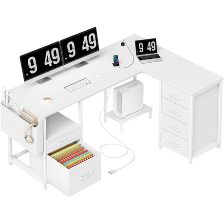 White L Shaped Desk with File Cabinet, 53 Inch Corner Office Desk with Storage Drawers Reversible, L-Shaped Computer Desks with Filling Drawer & Power Outlets for Home Office PC Work Study Wiriting DLisiting